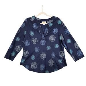 Talbots Womens Flower Embroidered Popover Blouse‎ Size Large Navy Blue Cotton